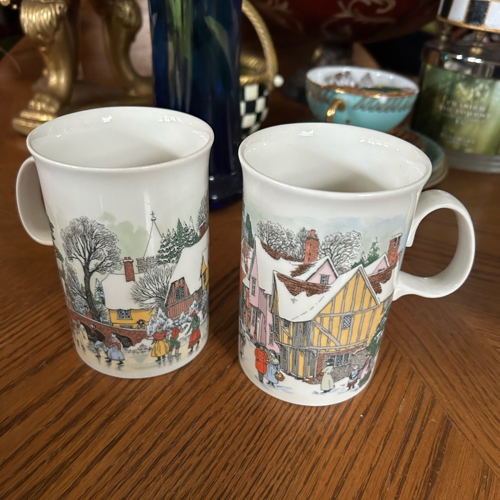 Vintage Winter Village Coffee Mugs Set of 2